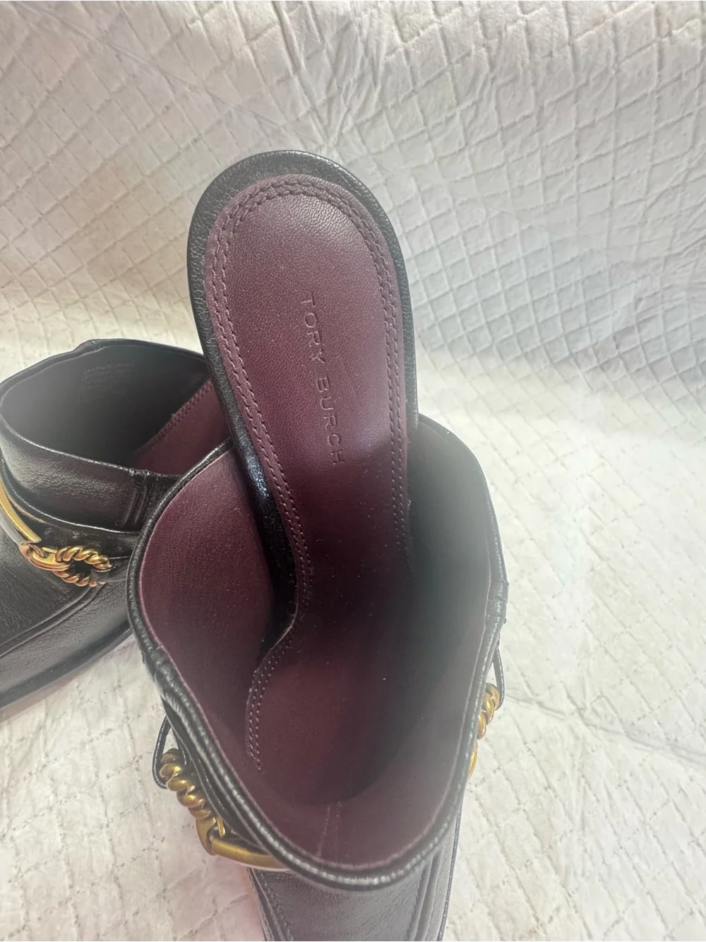 Tory Burch Perrine Black Leather Logo-Trim Block Heel Mules